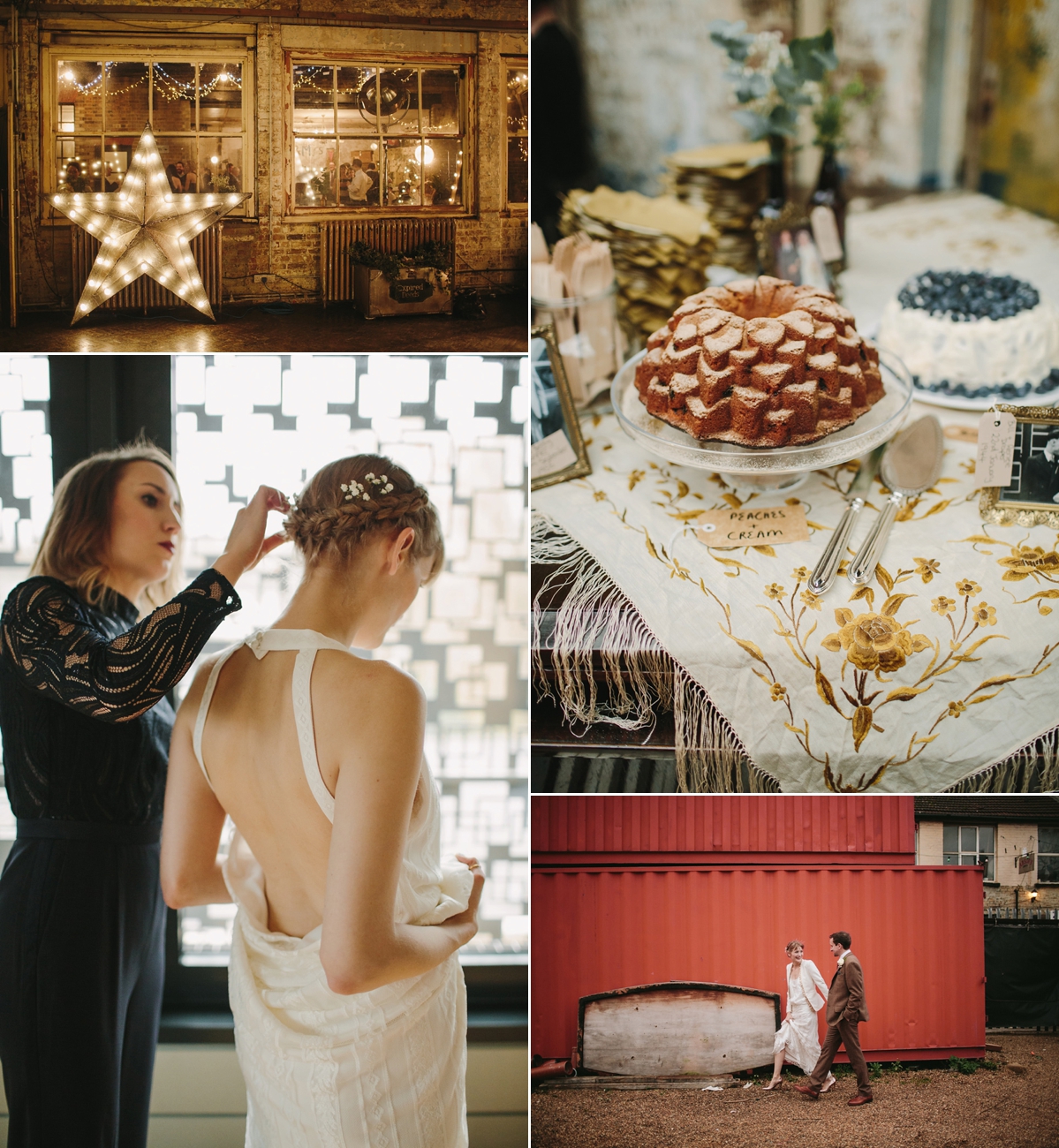 The bride wears a 1920's inspired drop waist gown by Charlie Brear for her cool and quirky wedding at MC Motors in East London. Photography by Emilie White.