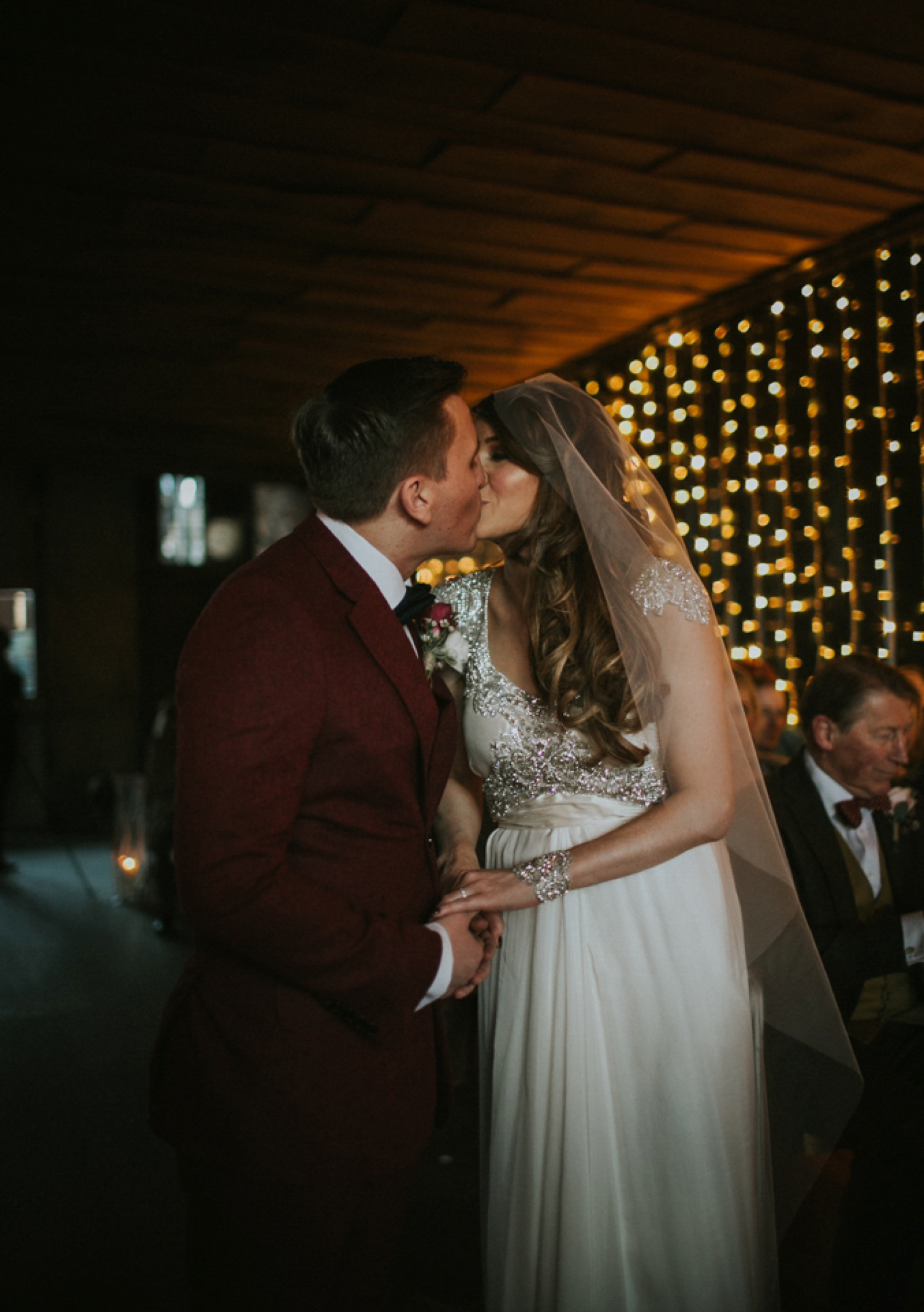 Alicia wore an Anna Campbell gown for her 1920's inspired rustic winter wedding. Photography by DSB Creative.