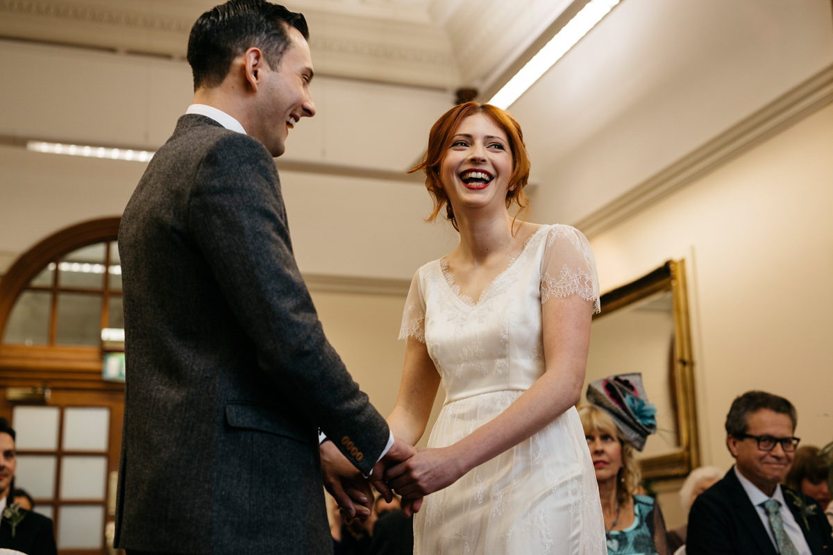 Bride Grace wore a pair of yellow shoes and a Kate Beaumont gown for her wedding in Sheffield. Images by Kindred Photography.