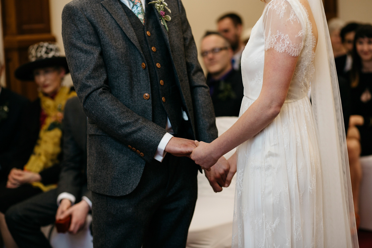 Bride Grace wore a pair of yellow shoes and a Kate Beaumont gown for her wedding in Sheffield. Images by Kindred Photography.