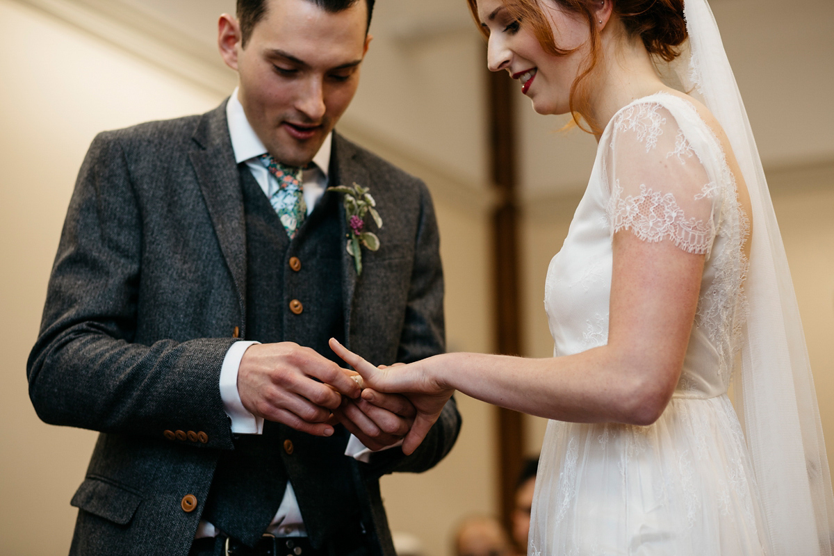 Bride Grace wore a pair of yellow shoes and a Kate Beaumont gown for her wedding in Sheffield. Images by Kindred Photography.