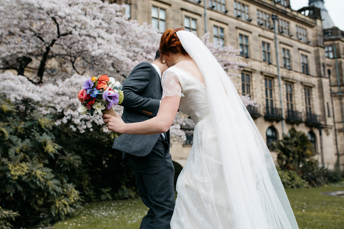 Bride Grace wore a pair of yellow shoes and a Kate Beaumont gown for her wedding in Sheffield. Images by Kindred Photography.