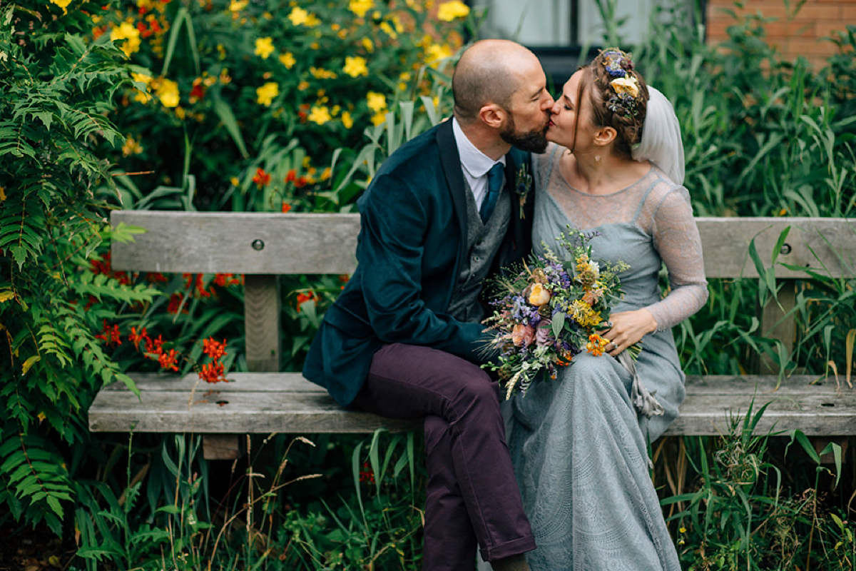 A pale green dress and first look for a feminist wedding in Yorkshire. Dress by Kate Beaumont, images by Kindred Photography.