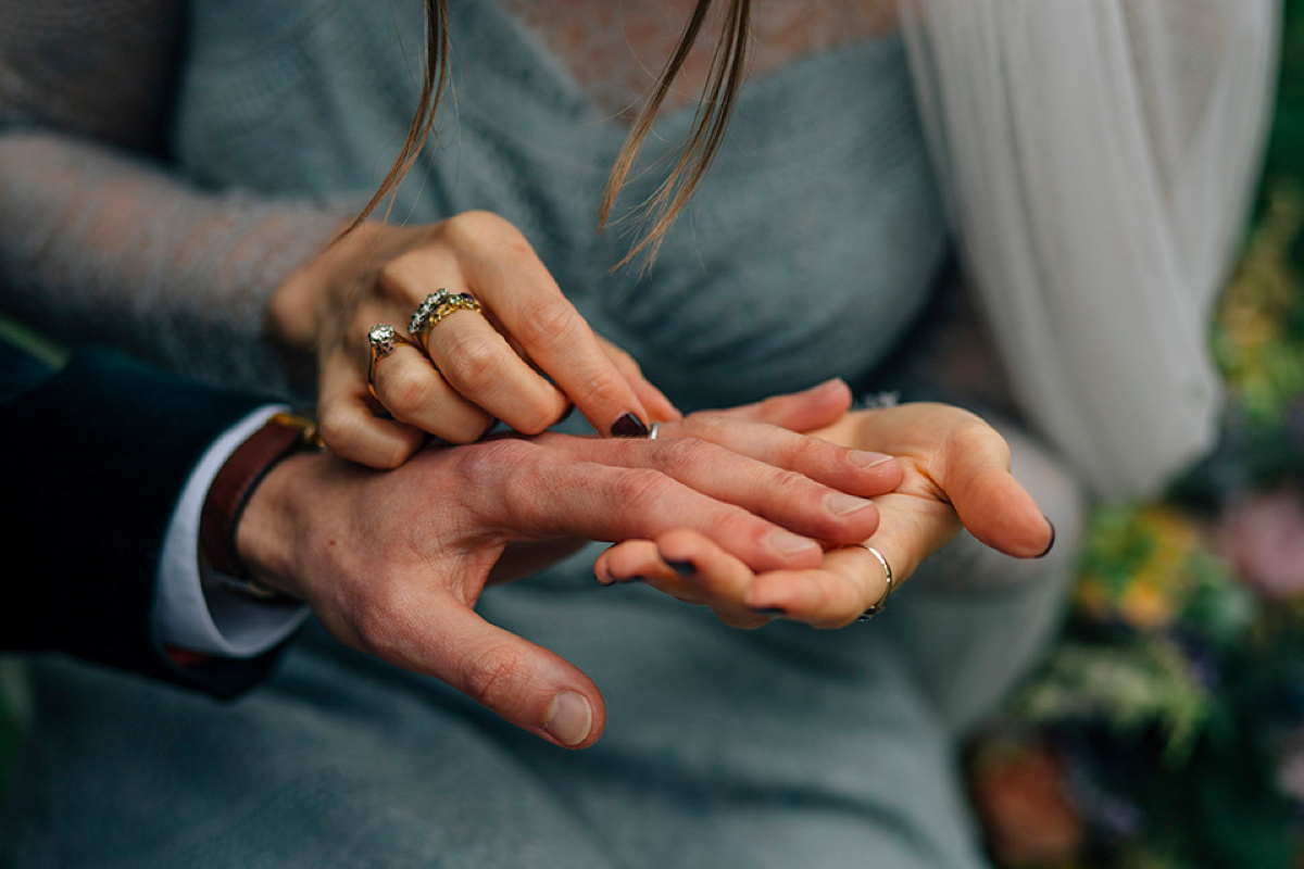 A pale green dress and first look for a feminist wedding in Yorkshire. Dress by Kate Beaumont, images by Kindred Photography.