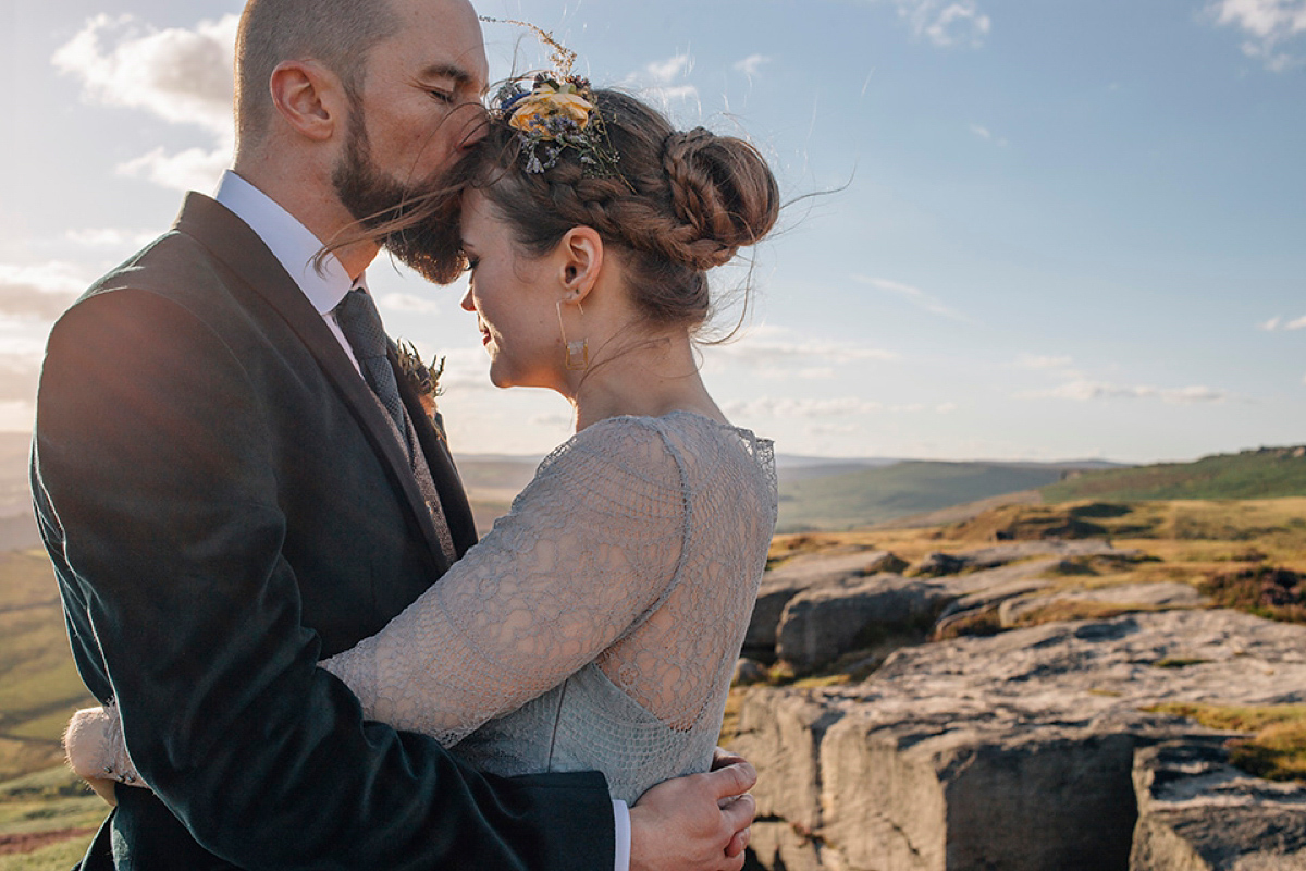 A pale green dress and first look for a feminist wedding in Yorkshire. Dress by Kate Beaumont, images by Kindred Photography.