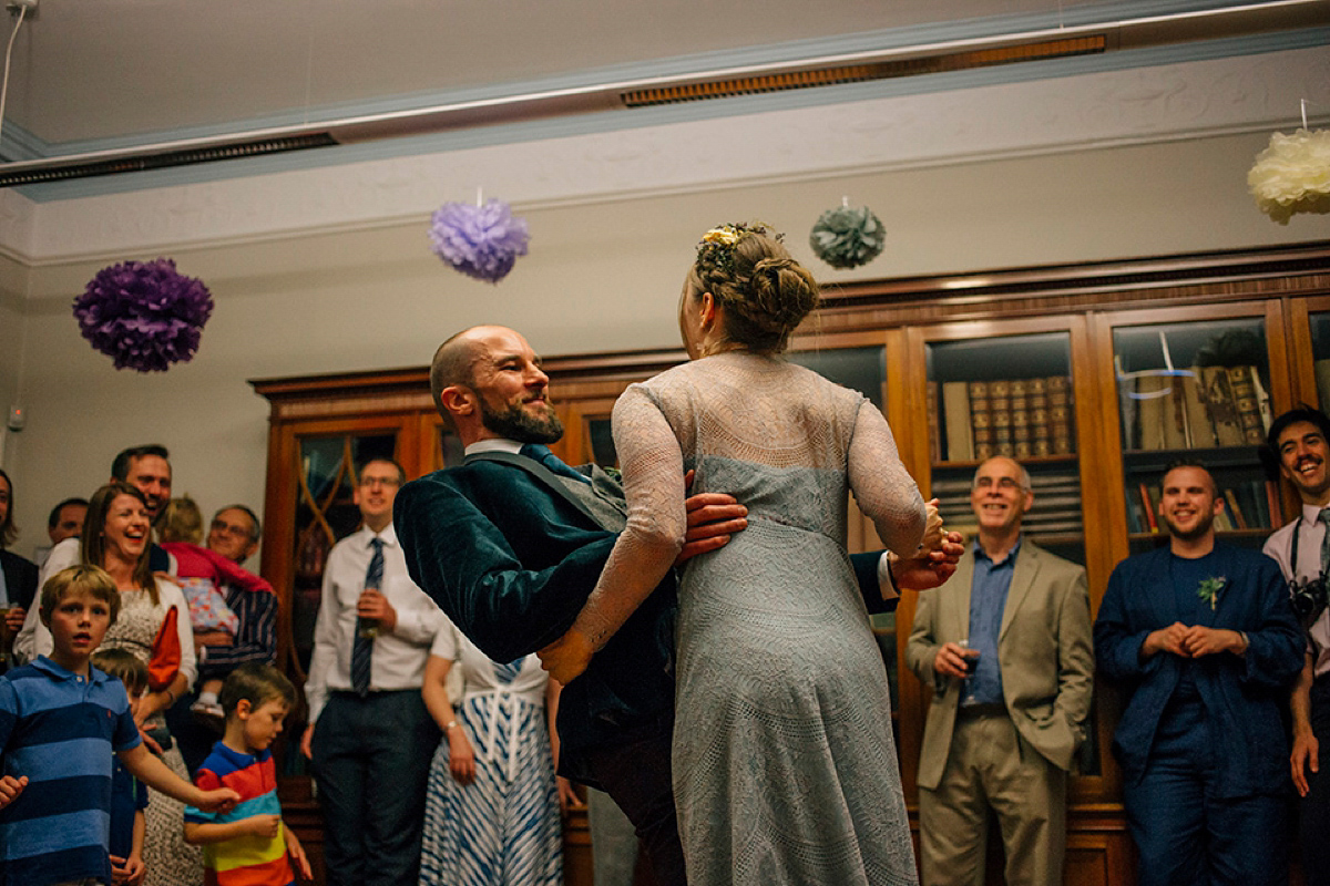 A pale green dress and first look for a feminist wedding in Yorkshire. Dress by Kate Beaumont, images by Kindred Photography.