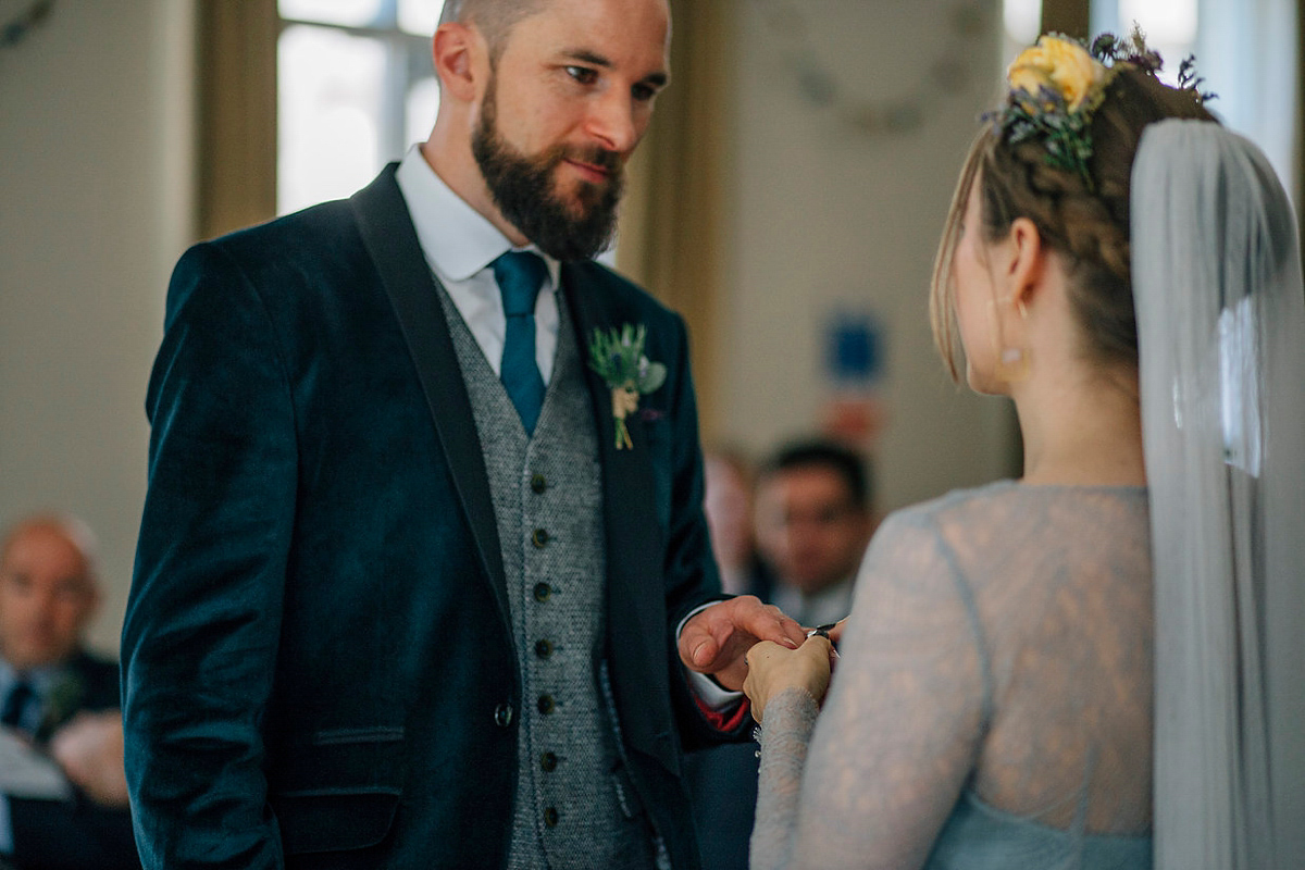 A pale green dress and first look for a feminist wedding in Yorkshire. Dress by Kate Beaumont, images by Kindred Photography.