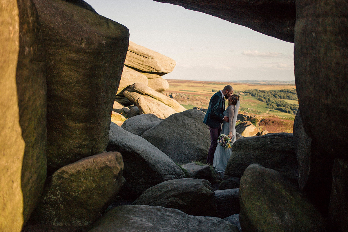 A pale green dress and first look for a feminist wedding in Yorkshire. Dress by Kate Beaumont, images by Kindred Photography.