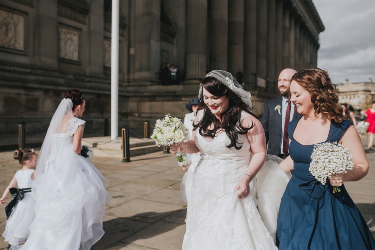 A Juliet cap veil and red lipstick for a quirky vintage wedding in Liverpool. Photography by Becky Ryan.