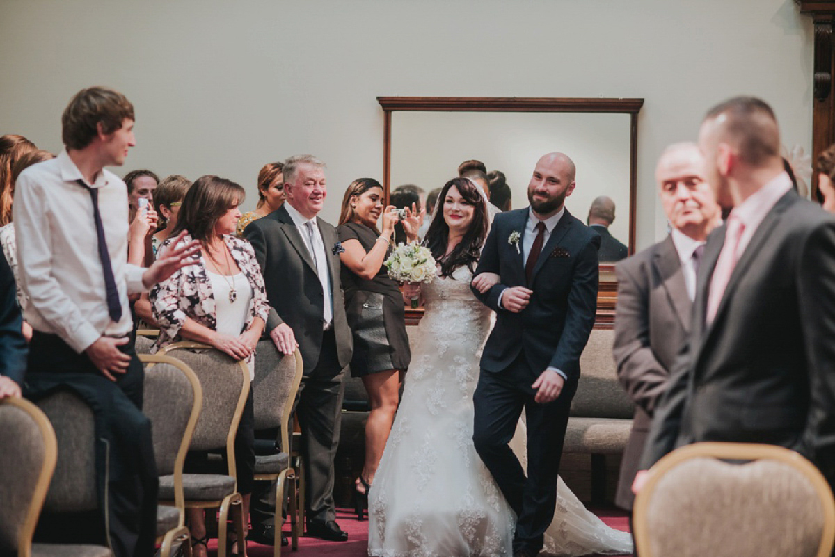 A Juliet cap veil and red lipstick for a quirky vintage wedding in Liverpool. Photography by Becky Ryan.