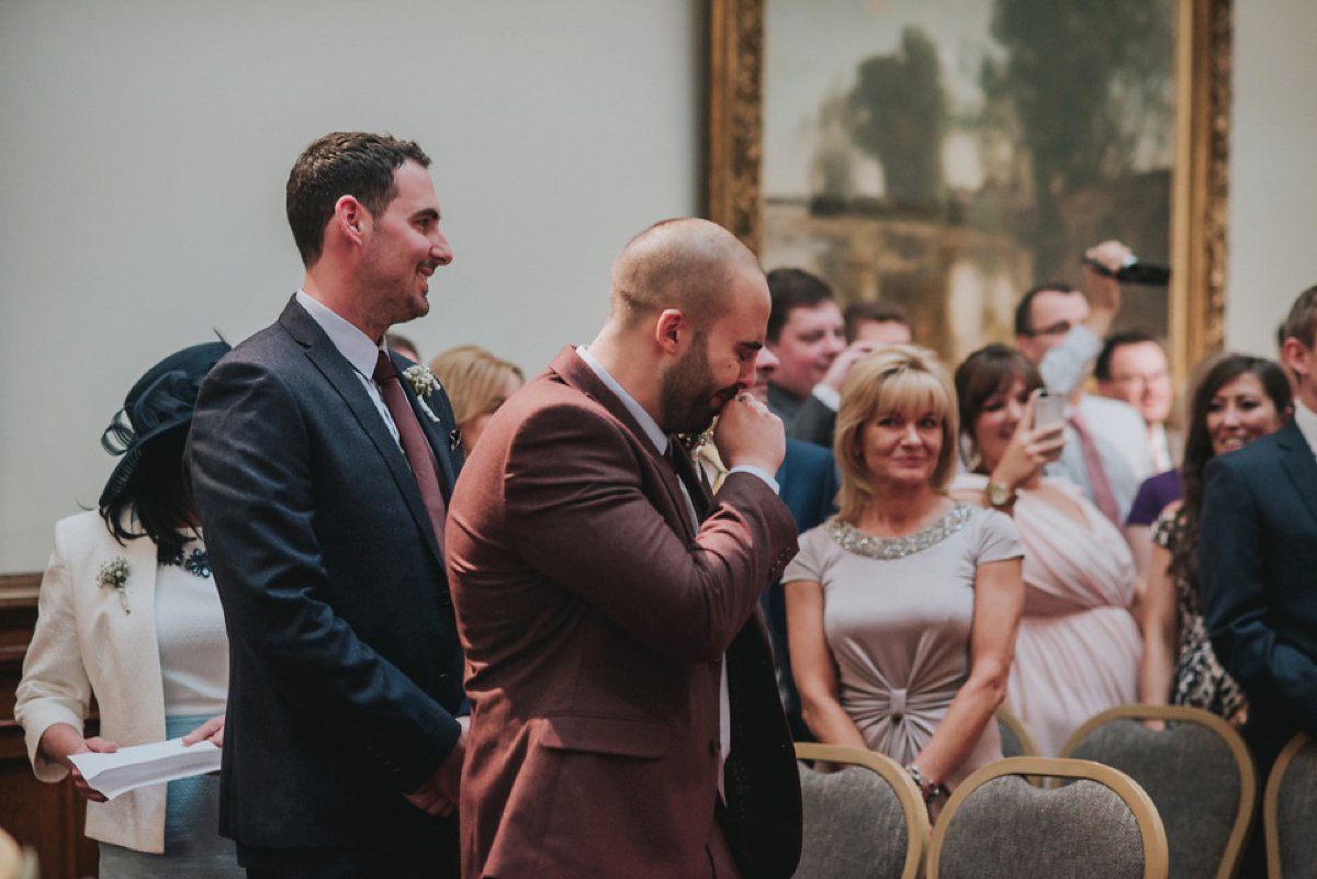 A Juliet cap veil and red lipstick for a quirky vintage wedding in Liverpool. Photography by Becky Ryan.