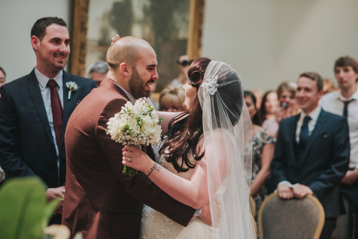 A Juliet cap veil and red lipstick for a quirky vintage wedding in Liverpool. Photography by Becky Ryan.