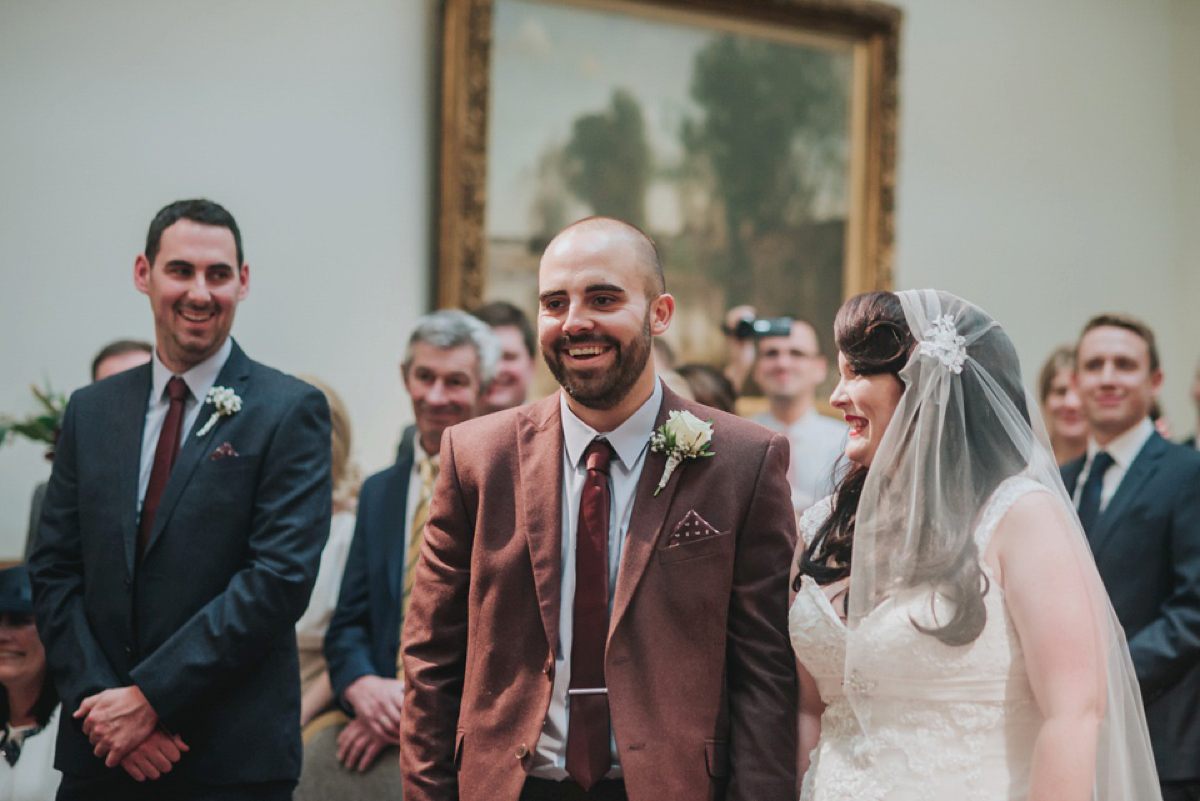 A Juliet cap veil and red lipstick for a quirky vintage wedding in Liverpool. Photography by Becky Ryan.