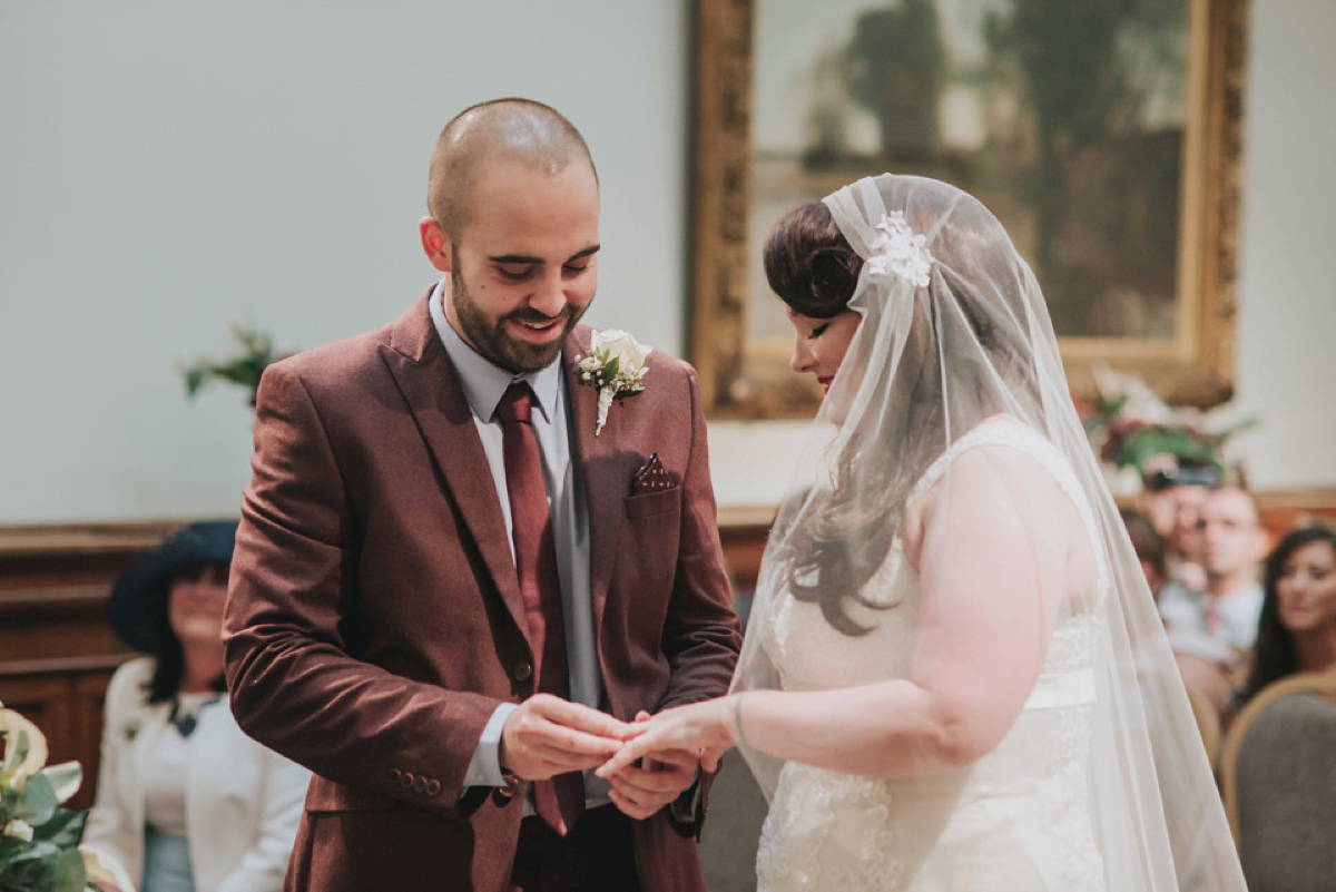 A Juliet cap veil and red lipstick for a quirky vintage wedding in Liverpool. Photography by Becky Ryan.