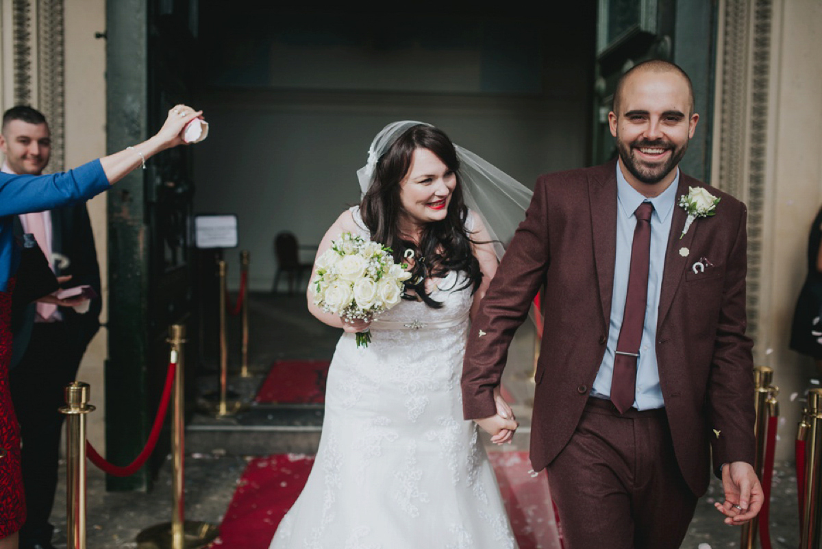 A Juliet cap veil and red lipstick for a quirky vintage wedding in Liverpool. Photography by Becky Ryan.