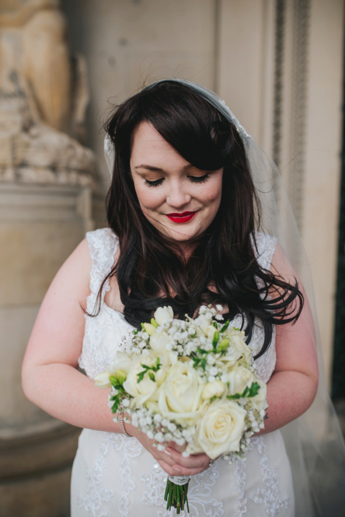 A Juliet cap veil and red lipstick for a quirky vintage wedding in Liverpool. Photography by Becky Ryan.