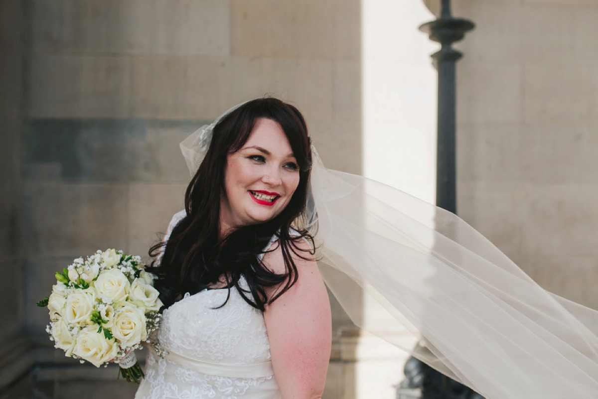 A Juliet cap veil and red lipstick for a quirky vintage wedding in Liverpool. Photography by Becky Ryan.