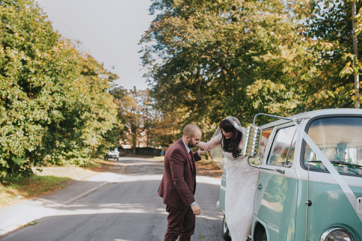 A Juliet cap veil and red lipstick for a quirky vintage wedding in Liverpool. Photography by Becky Ryan.