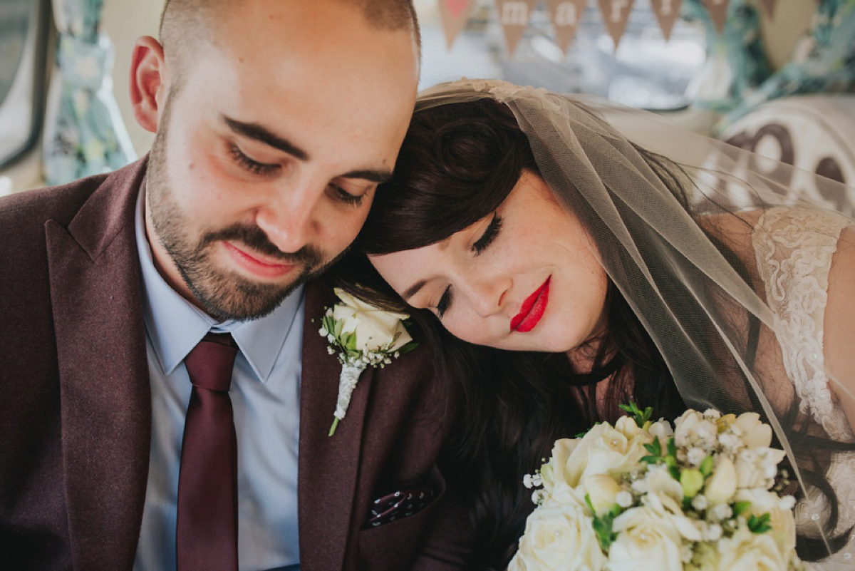 A Juliet cap veil and red lipstick for a quirky vintage wedding in Liverpool. Photography by Becky Ryan.