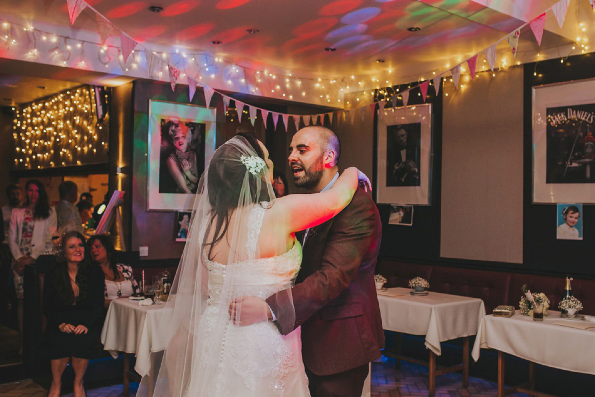 A Juliet cap veil and red lipstick for a quirky vintage wedding in Liverpool. Photography by Becky Ryan.