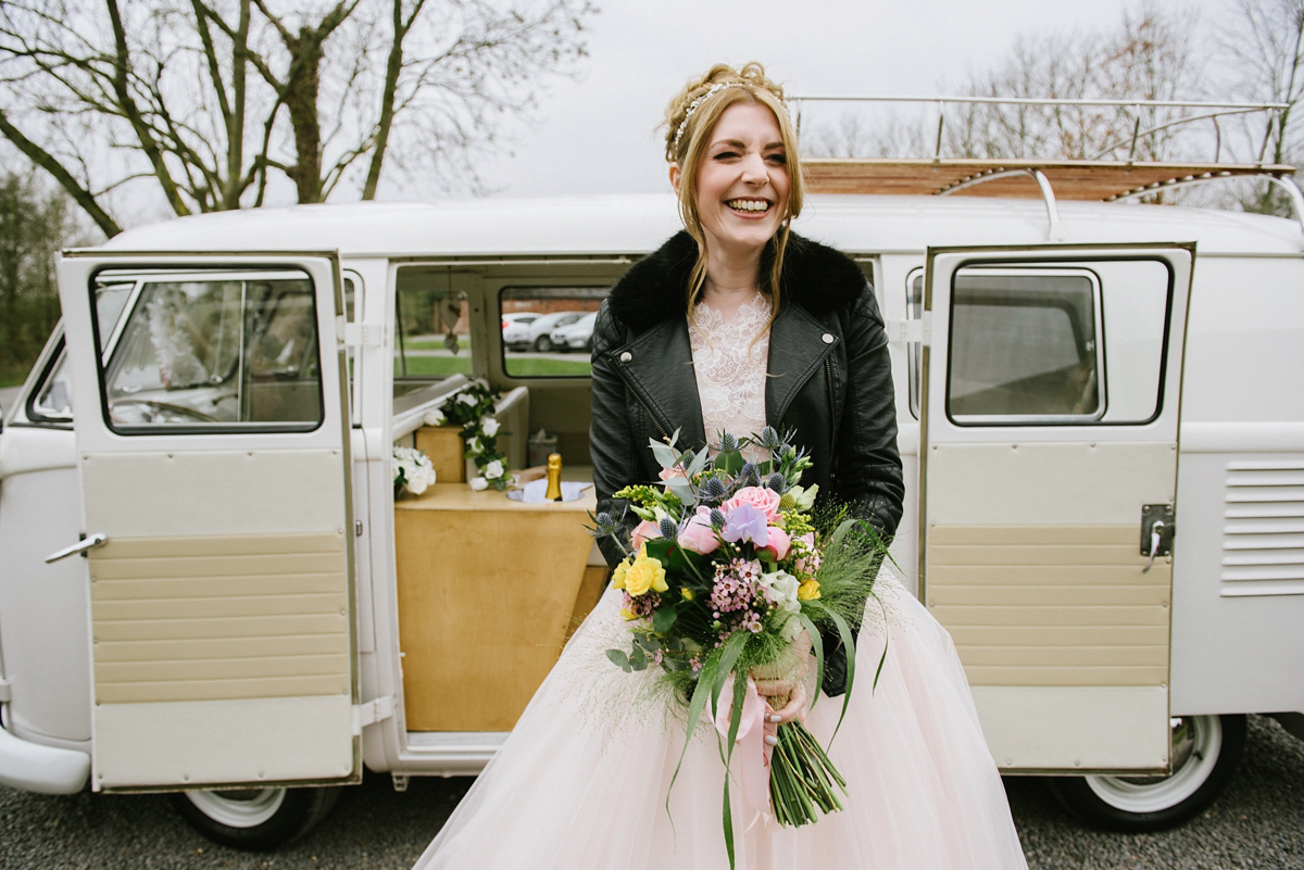 Jade wore a leather jacket with her Allure Bridals gown. Photography by Ed Godden.