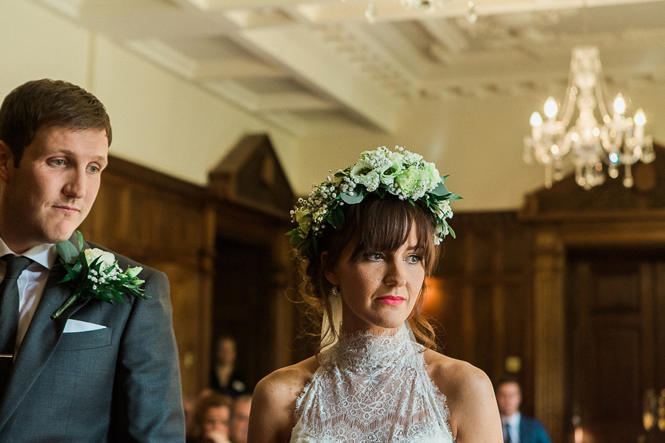 Jill wears an Essense of Australia gown for her Autumn wedding at Ellingham Hall in Northumberland. Photography by Helen Russell.