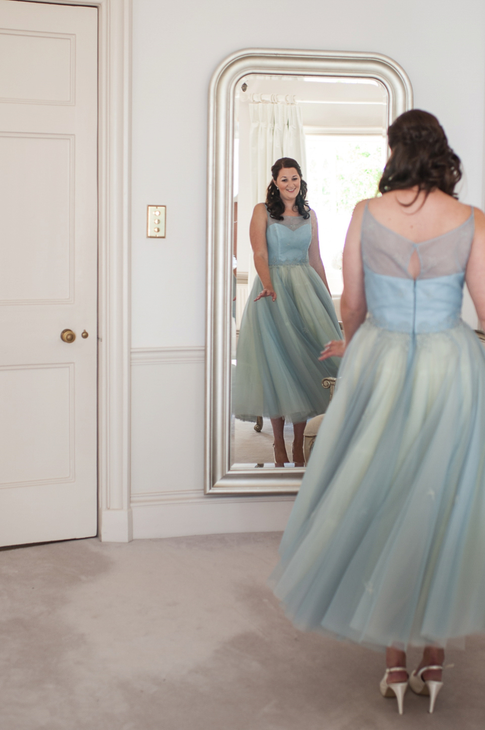 A pretty pale blue wedding dress for a nautical inspired Summer wedding by the sea. Photography by Alexandria Hall.