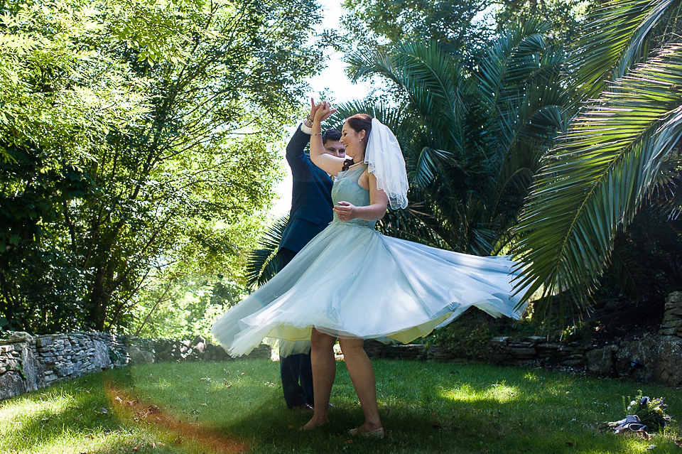 A pretty pale blue wedding dress for a nautical inspired Summer wedding by the sea. Photography by Alexandria Hall.