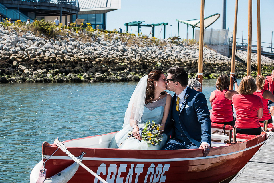 A pretty pale blue wedding dress for a nautical inspired Summer wedding by the sea. Photography by Alexandria Hall.