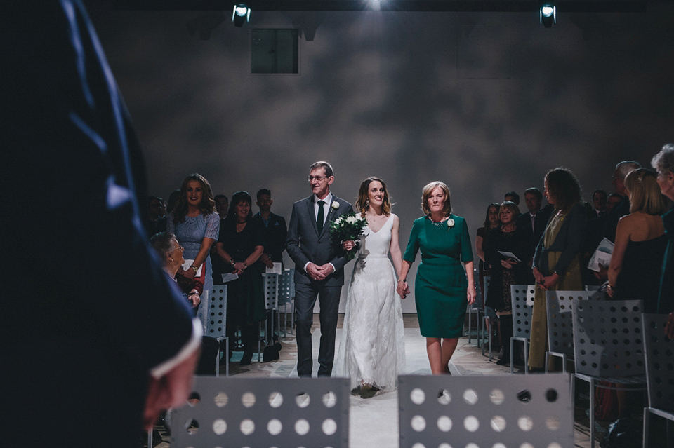 Katherine wears a Charlie Brear gown for her wedding at the Baltic Gateshead. Photography by The Twins.