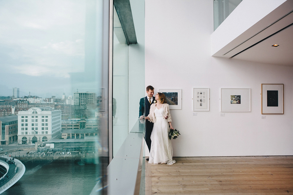 Katherine wears a Charlie Brear gown for her wedding at the Baltic Gateshead. Photography by The Twins.