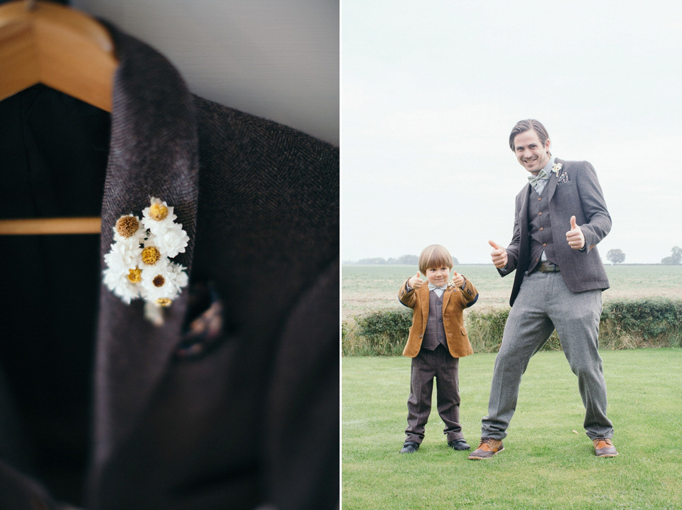 A tweed jacket and feathers in her hair for a boho bride and her eclectic woodland wedding. Images by Mirrorbox Photography.
