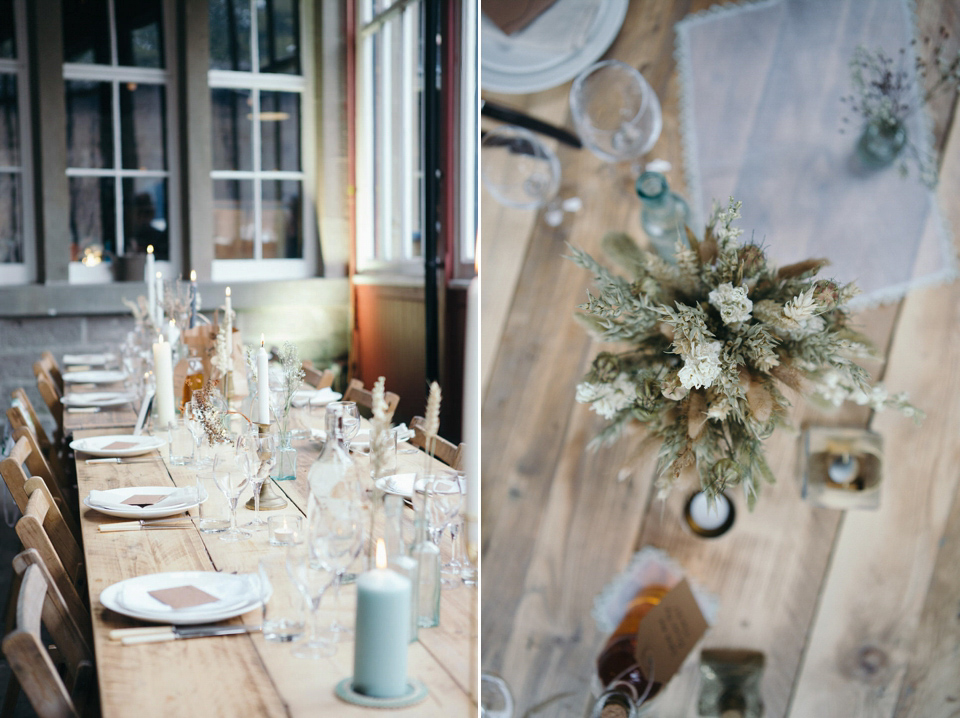 A tweed jacket and feathers in her hair for a boho bride and her eclectic woodland wedding. Images by Mirrorbox Photography.