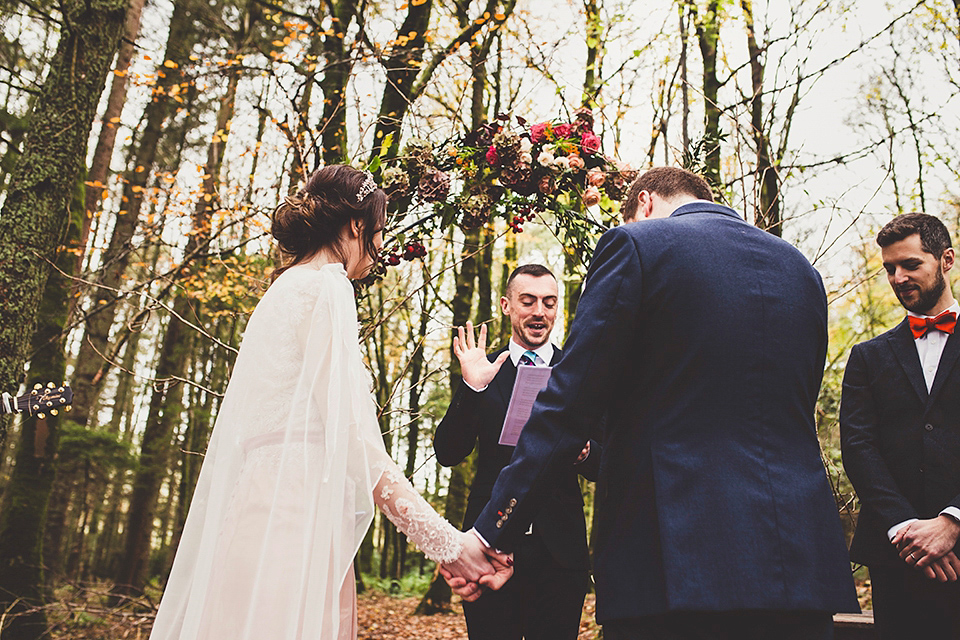 Bride Jac wore bridal separates by Wilden Bride London for her Humanist woodland wedding in Scotland. Photography by Amy Shore.