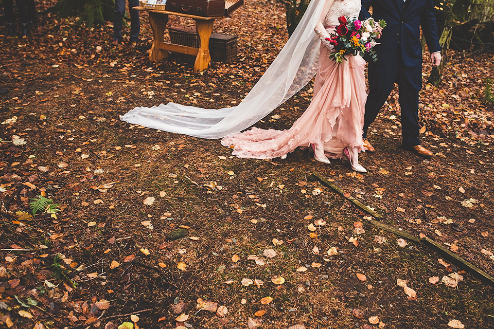Bride Jac wore bridal separates by Wilden Bride London for her Humanist woodland wedding in Scotland. Photography by Amy Shore.