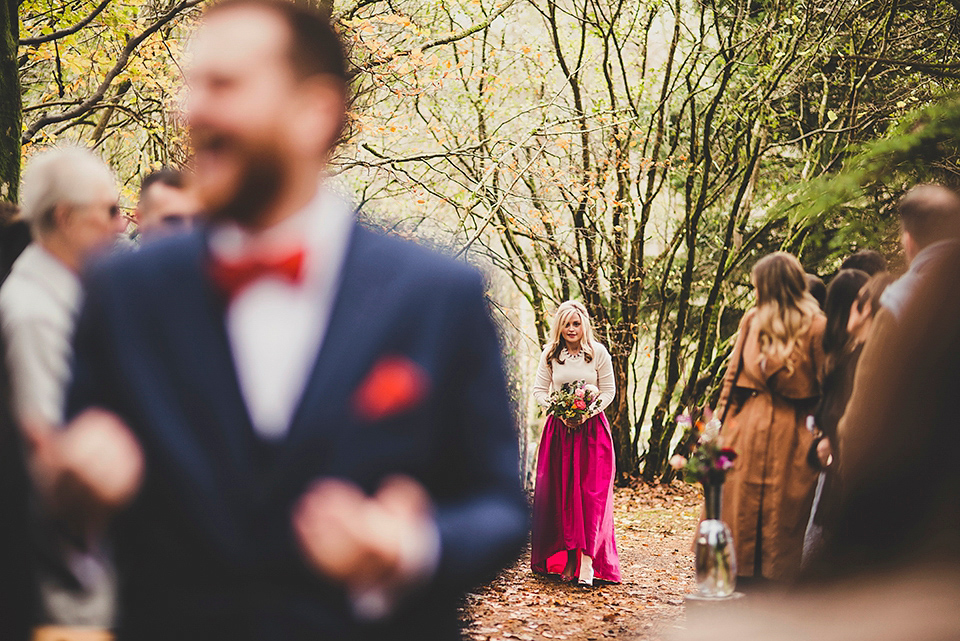 Bride Jac wore bridal separates by Wilden Bride London for her Humanist woodland wedding in Scotland. Photography by Amy Shore.