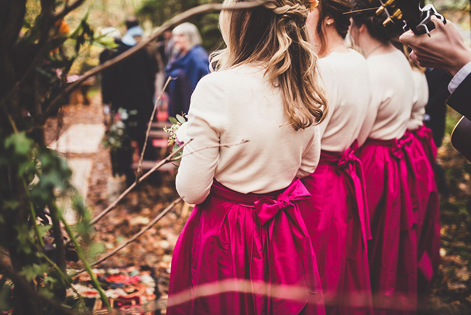 Bride Jac wore bridal separates by Wilden Bride London for her Humanist woodland wedding in Scotland. Photography by Amy Shore.