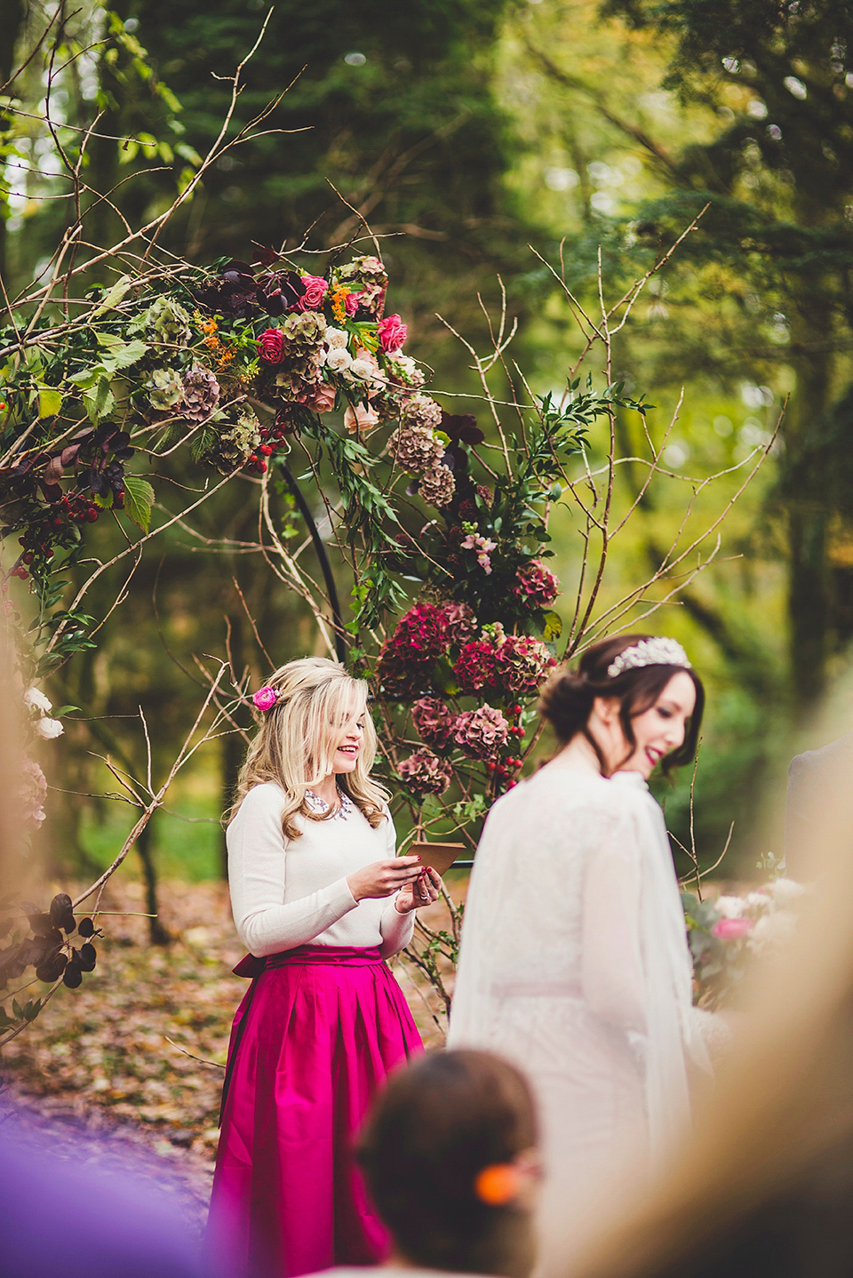 Bride Jac wore bridal separates by Wilden Bride London for her Humanist woodland wedding in Scotland. Photography by Amy Shore.