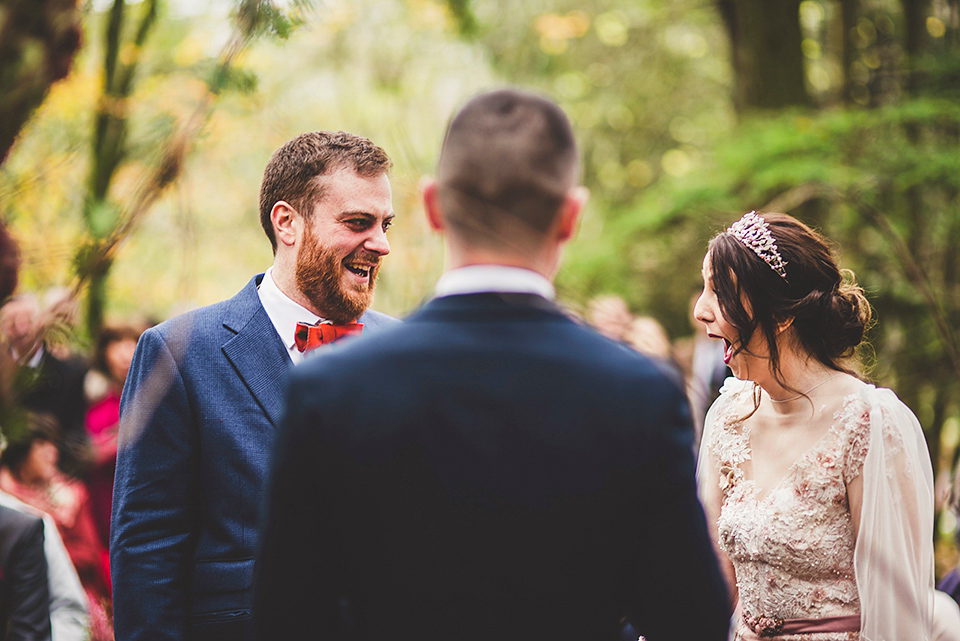 Bride Jac wore bridal separates by Wilden Bride London for her Humanist woodland wedding in Scotland. Photography by Amy Shore.