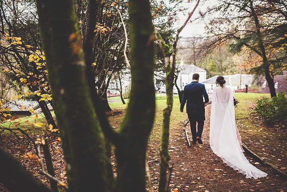Bride Jac wore bridal separates by Wilden Bride London for her Humanist woodland wedding in Scotland. Photography by Amy Shore.
