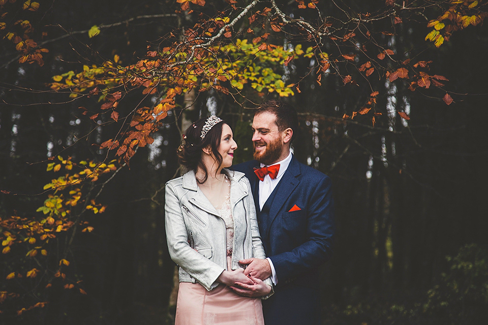 Bride Jac wore bridal separates by Wilden Bride London for her Humanist woodland wedding in Scotland. Photography by Amy Shore.
