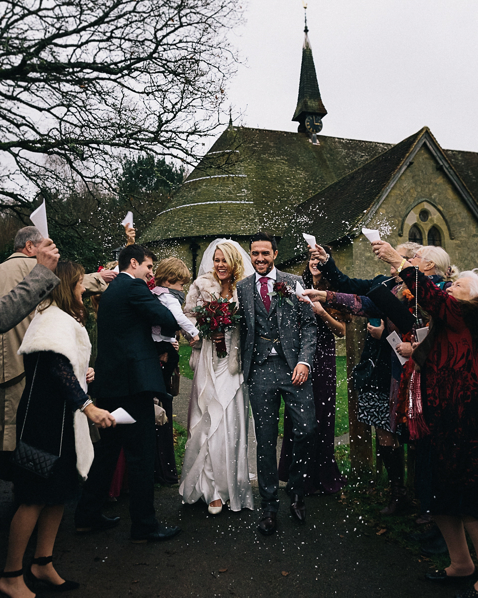 A Suzanne Neville gown for a 1940's Goodwood Vintage inspired winter wedding. Images by Eclection Photography.