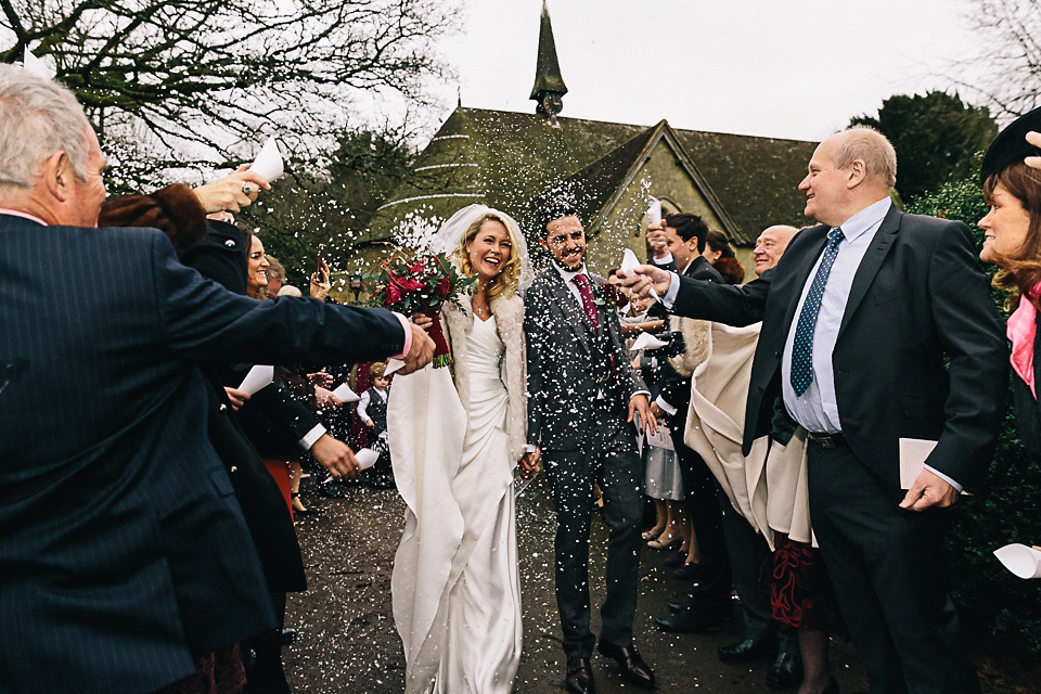 A Suzanne Neville gown for a 1940's Goodwood Vintage inspired winter wedding. Images by Eclection Photography.