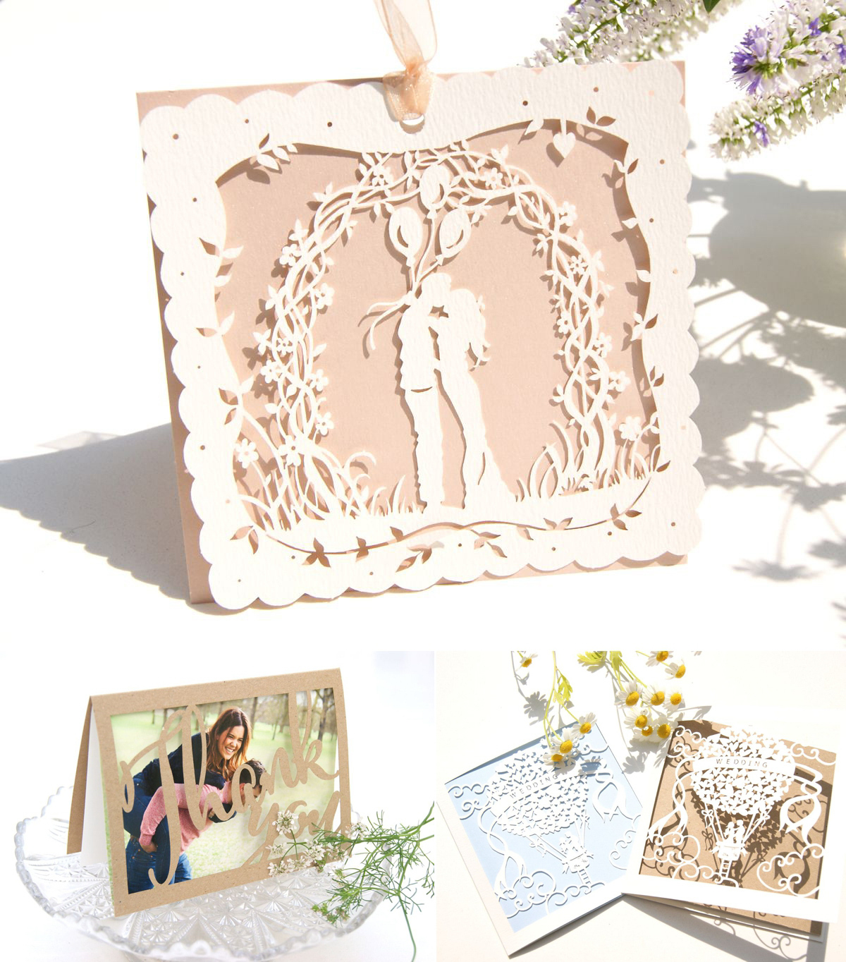 Lasercut wedding stationery by Hummingbird Card Company. Lasercut wedding stationery by Hummingbird Card Company.