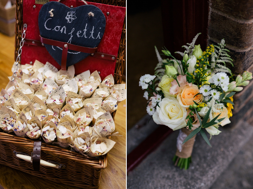 Sarah wears a 1950's inspired dress for her rustic wedding at Danby Castle in North Yorkshire. Photography by Stott & Atkinson.