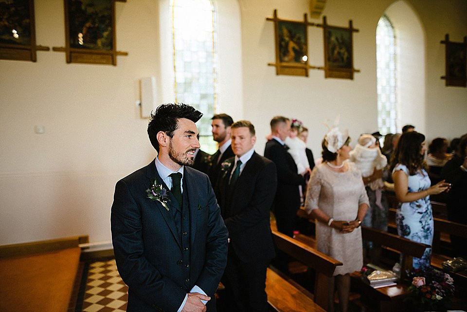 Karen wore a wedding dress with epaulettes for her Irish castle wedding in the Autumn. Photography by Epic Love.