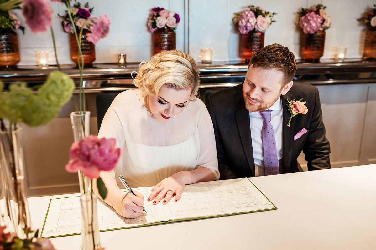 Daisy wears a Jenny Packham gown for her modern, stylish and colourful Manchester city wedding. Photography by Cassandra Lane.