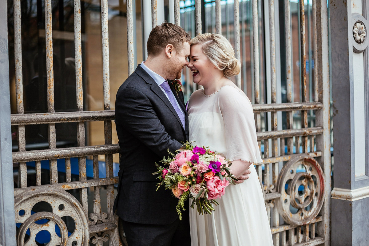 Daisy wears a Jenny Packham gown for her modern, stylish and colourful Manchester city wedding. Photography by Cassandra Lane.