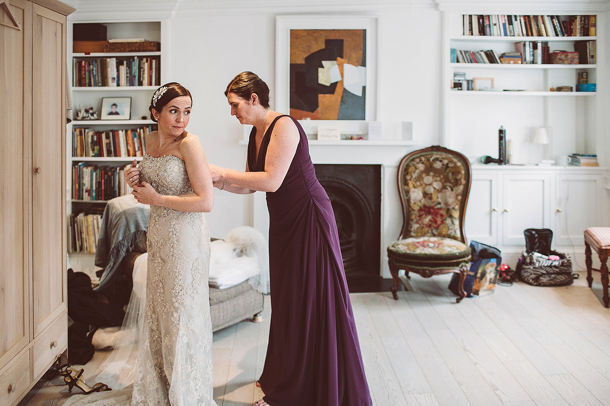 Nicky wore a Justin Alexander gown for her relaxed and stylish winter wedding in East London. Photography by Lemonade Pictures.