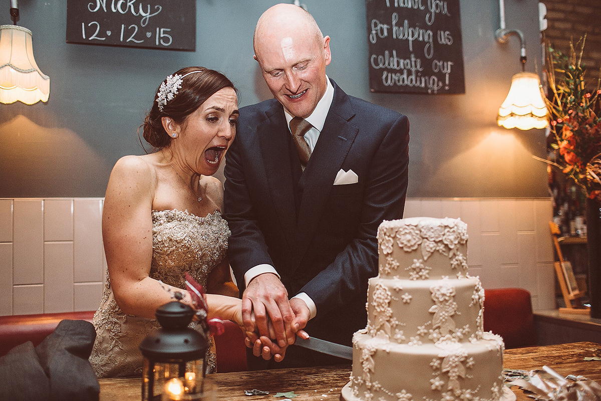 Nicky wore a Justin Alexander gown for her relaxed and stylish winter wedding in East London. Photography by Lemonade Pictures. Nicky wore a Justin Alexander gown for her relaxed and stylish winter wedding in East London. Photography by Lemonade Pictures.